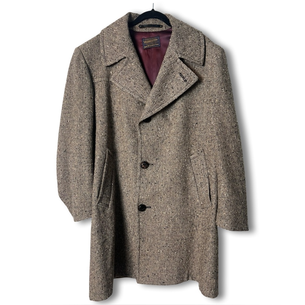 Pendleton - Men's Vintage Slub Tweed Wool Coat Satin Lined Leather Buttons Sz. M